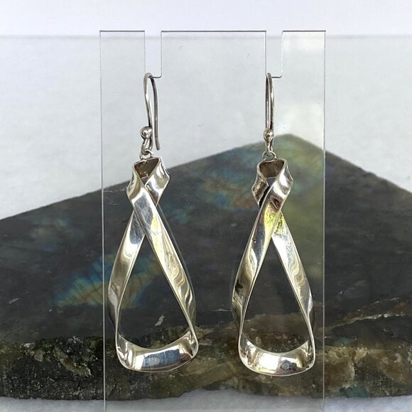 Sterling Silver 925 Mexico HOB 2.36" Modernist Twisted Elongated Hoop Earrings - Picture 2 of 16
